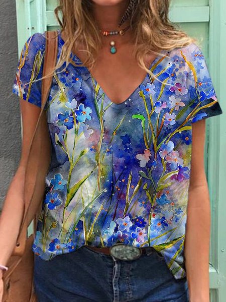 

Watercolor Forget-me-not Graphic Short-Sleeved V-Neck Loose Tee, Blue, T-shirts