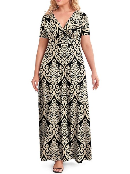 

Short Sleeve Casual Floral-Print Knitting Dress, Khaki, Formal Dresses