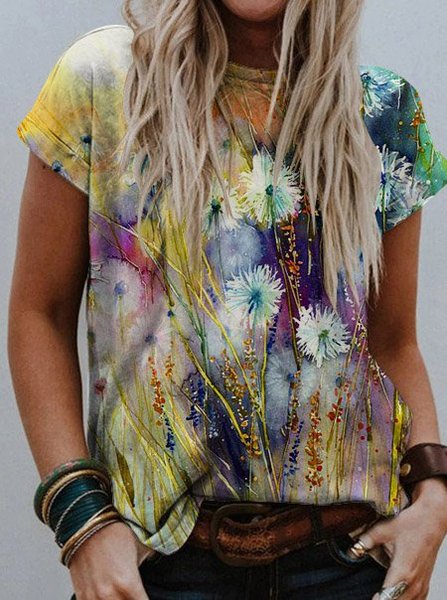 

Orchid Watercolor Graphic Short-Sleeved V-Neck Loose Tee, Multicolor, T-shirts