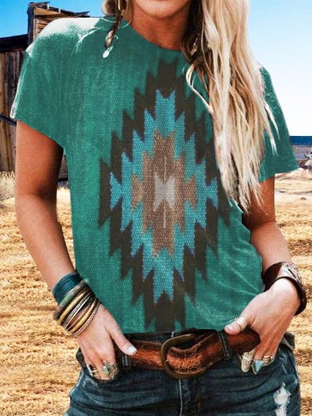 

Short Sleeve Color-Block Geometric Shirts & Tops, Green, Auto-Clearance