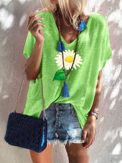 

Floral V Neck Short Sleeve T-shirt, Green, T-Shirts