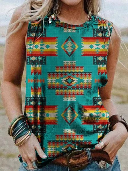 

Boho Turquoise Geometric Fashion Sleeveless Shirts & Tops, Tank Tops & Camis