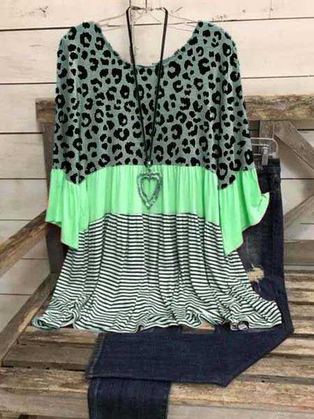 

Leopard-Print Casual Cotton-Blend Shirts & Tops, Green, Blouses & Shirts