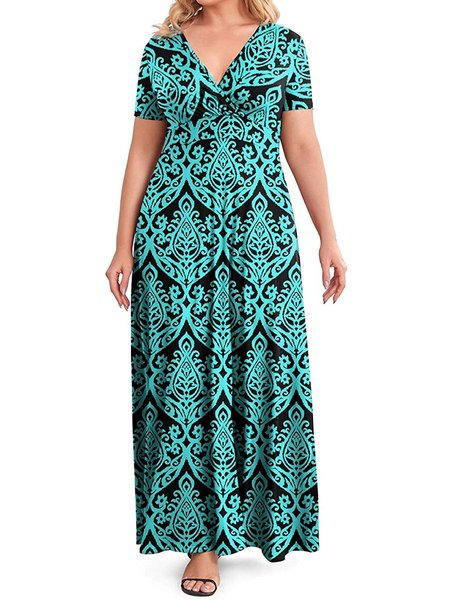 

Short Sleeve Tribal Boho Knitting Dress, Green blue, Formal Dresses