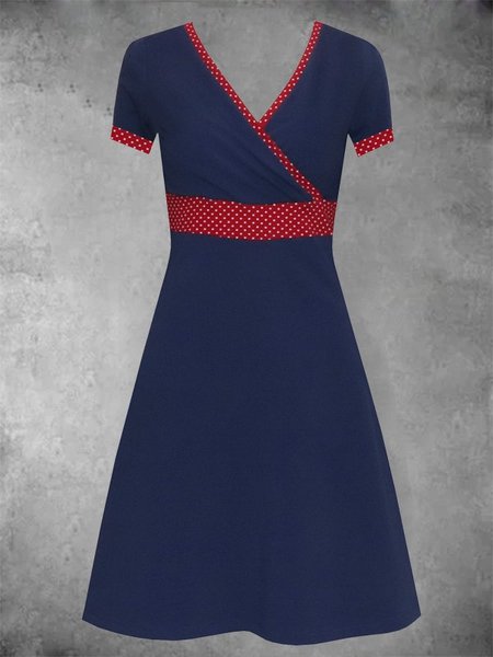 

Abito a pois Scollo a V Casuale Maniche Corte, Blu marino, Casual Dresses