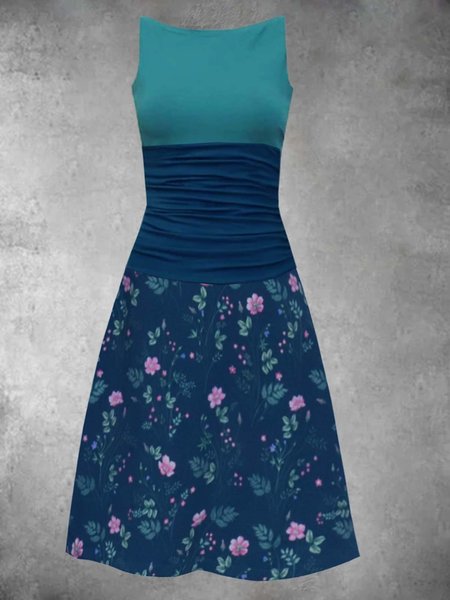 

Abito Floreale Senza Maniche Stampato Misto Cotone Girocollo Vacanza Estate Blu, Dresses