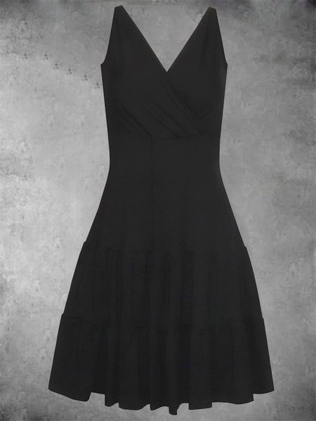 

senza maniche Solido Casuale Scollo a V Abito, Nero, Mini Dresses