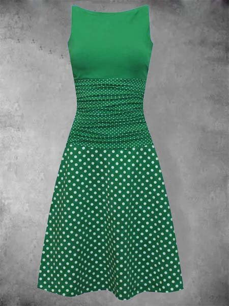 

Sleeveless Polka Dots Crew Neck Casual Dresses, Green, Auto-Clearance