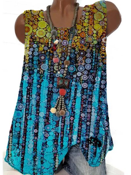

Ombre/Tie-Dye Sleeveless Printed Cotton-blend Crew Neck Casual Summer Blue Top, Tank Top