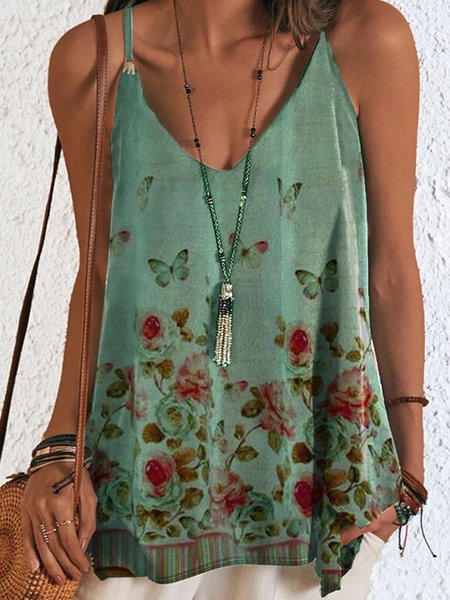 

Casuale Spaghetti Floreale Top, Verde, Tank Top