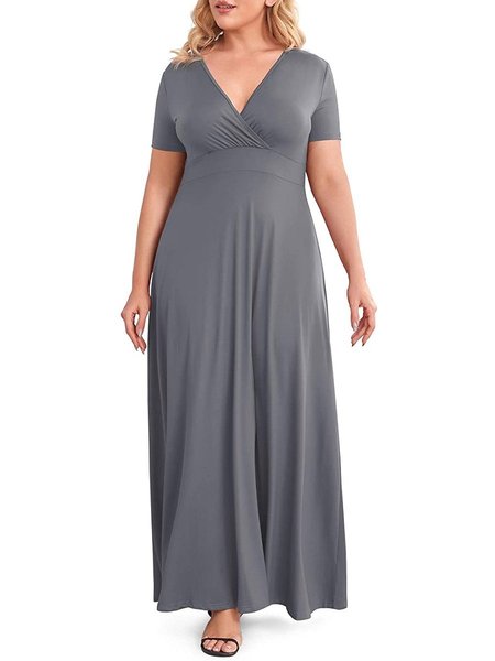 

Short Sleeve Casual V Neck Cotton Weaving Dress, Gray, Casual Dresses