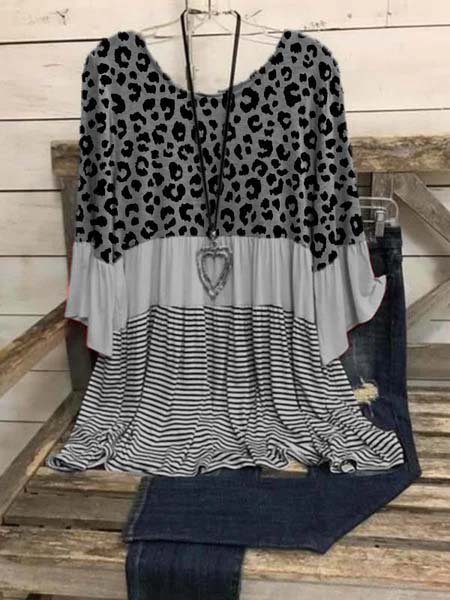 

Camicie & Top Casuale 3/4 Manica Leopardato Girocollo, Grigio, Tops