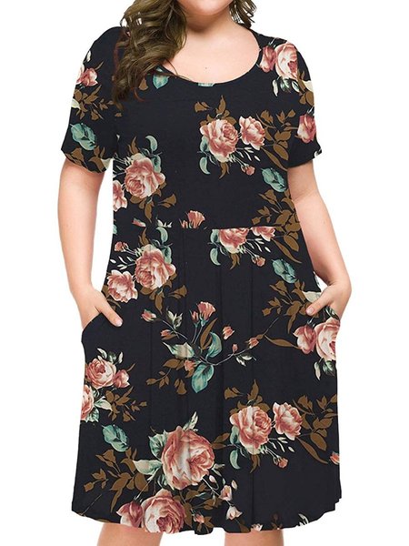 

Short Sleeve Casual Cotton Floral Weaving Dress, Black-rose, Floral Dresses