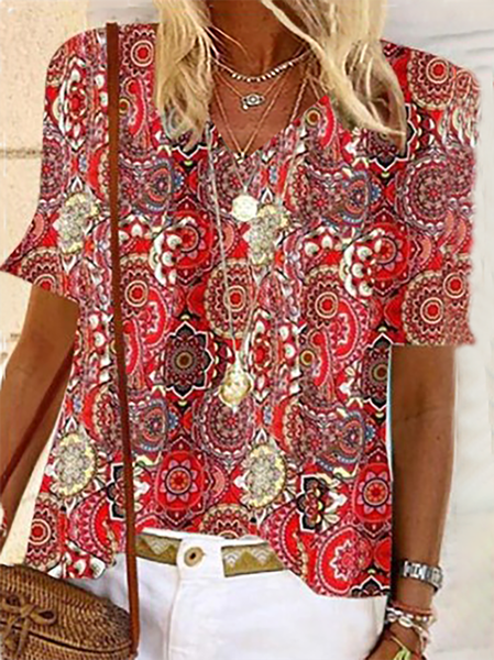 Bohemian Maniche Corte Camicie & Top, Rosso, Blouses & Shirts