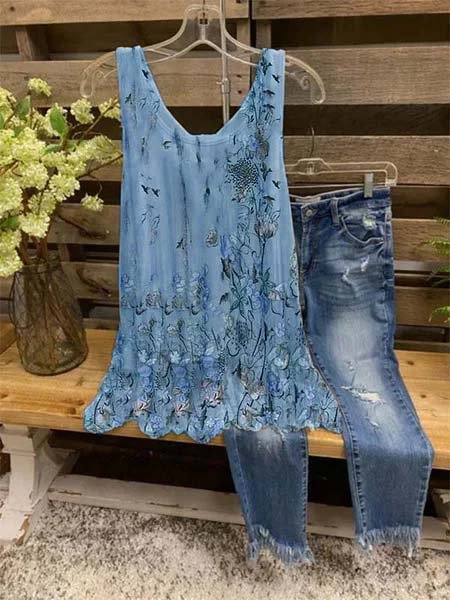 

Camicie & Top Stampato Floreale Casuale Senza Maniche, Blu, Tops