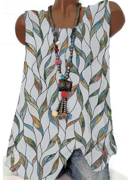 

Leaves Sleeveless Printed Polyester Crew Neck Vintage White Top, Tank Top