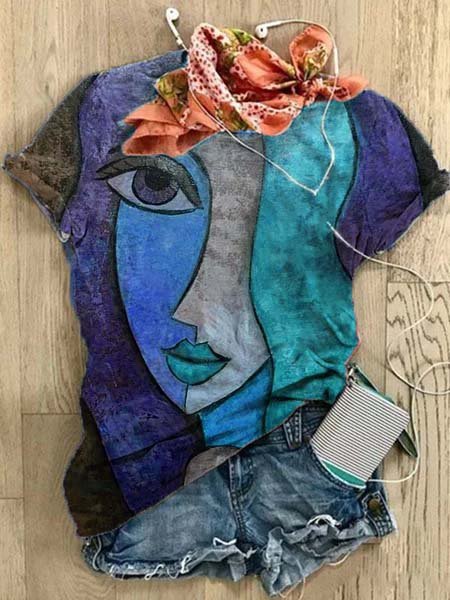 

Girocollo Stampato Casuale Misto Cotone Top, Blu, Blouses & Shirts