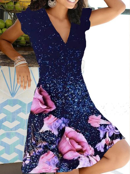 Abito Scollo a V Stampato Maniche Corte, Blu, Dresses