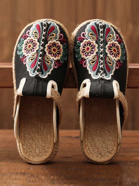

Fabric Flower Flat Heel Vintage Summer Black Shoes, Flat & Loafers