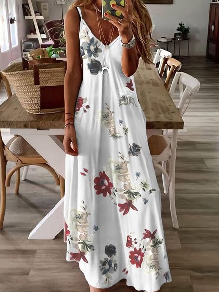 

Vintage Floreale Girocollo senza maniche Estivo Abito, Bianco, Dresses