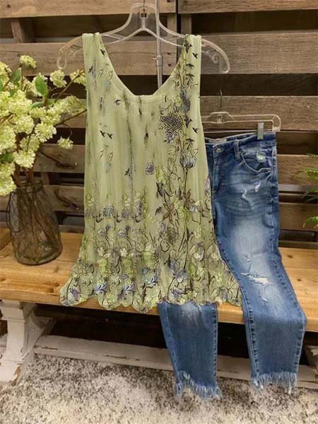 

Senza Maniche Stampato Floreale Girocollo Misto Cotone Top, Giallo, Tank Top