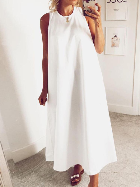 

Tinta Unita Vacanza Girocollo Senza Maniche Abito, Bianco, Summer dresses