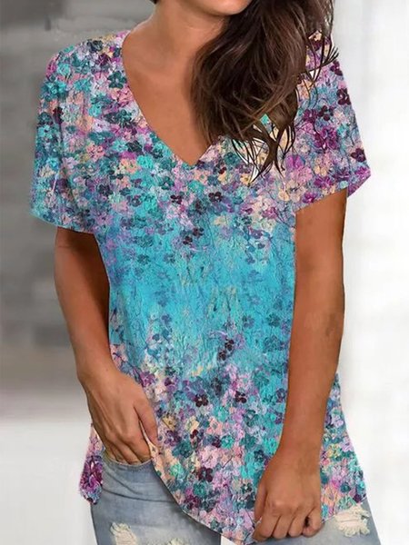 

Scollo a V Maniche Corte Camicie & Top, Blu, Blouses & Shirts