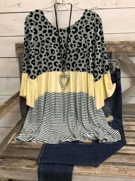 

3/4 Sleeve Cotton-Blend Leopard-Print Crew Neck T-shirt, Yellow, Tops