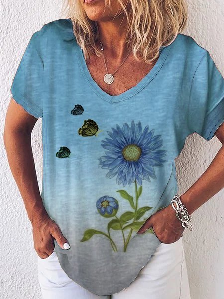 

Short Sleeve Casual Floral T-shirt, Blue, T-Shirts