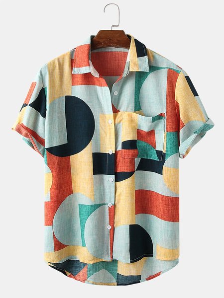 

Men's Printed Patchwork National Style Short Sleeve Casual Loose Shirt, Green, Men's Floral shirt