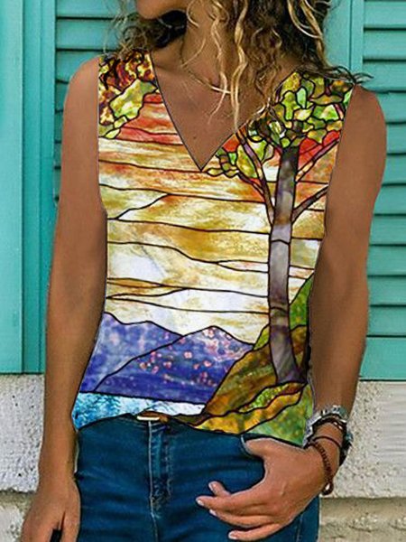 

Leaves Sleeveless Printed Cotton-blend V neck Vintage Summer Yellow Top, Tank Top