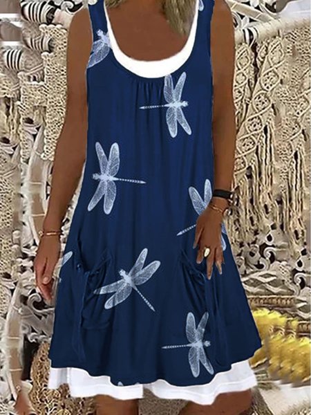 

Abito Girocollo Senza Maniche, Blu, Dresses