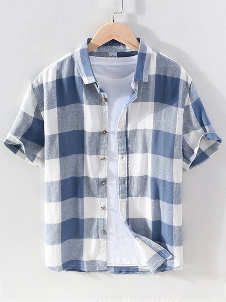 

Men's Printed Patchwork National Style Short Sleeve Casual Loose Shirt, Blue, Men's Floral shirt