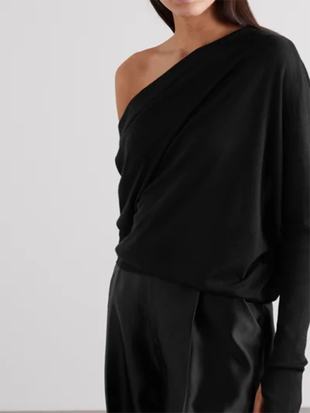 

Solido Maniche Lunghe Casuale Top, Nero, T-Shirts