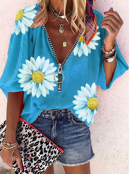 

Floreale Maniche Lunghe Top, Blu, Blouses & Shirts