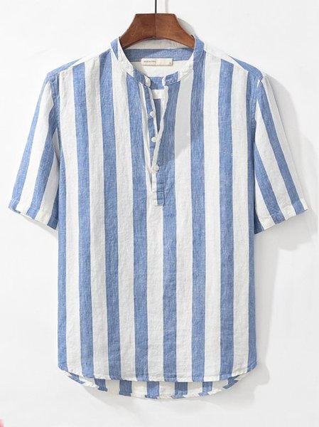 

Men's Printed Patchwork National Style Short Sleeve Casual Loose Shirt, Blue, Men's Floral shirt