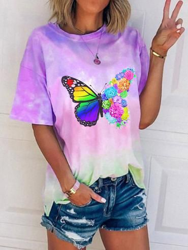 

Butterfly Crew Neck Casual T-shirt, Purple, T-Shirts