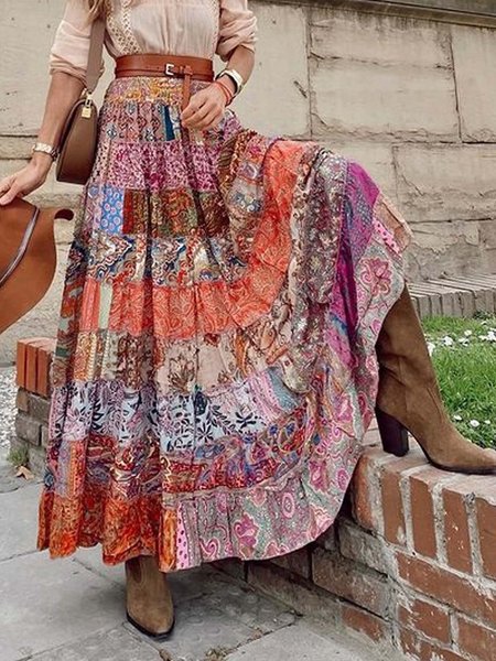 

Paisley A-line Printed Polyester Vintage Summer Multicolor Maxi Skirt, Skirts