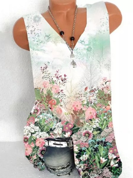 

V Neck Cotton Sleeveless Vintage Shirts & Tops, White, Tank Top
