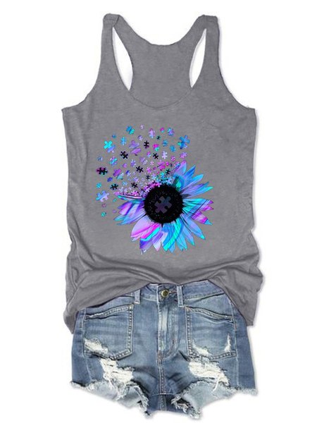 

Puzzle Sunflower Sleeveless Casual Shift Women Tee, Gray, Tank Tops