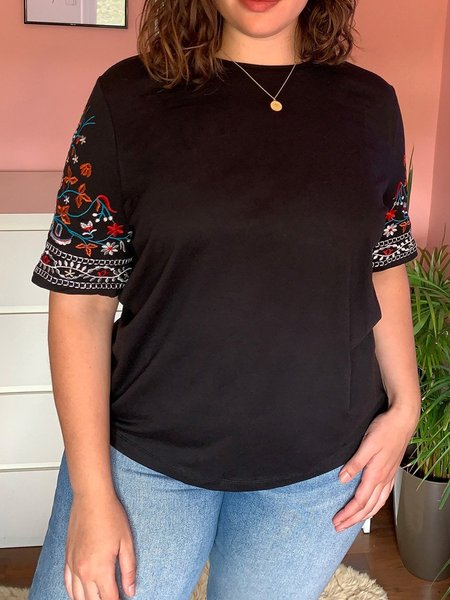 

Cotton Casual Round Neck Tops, Black, T-Shirts