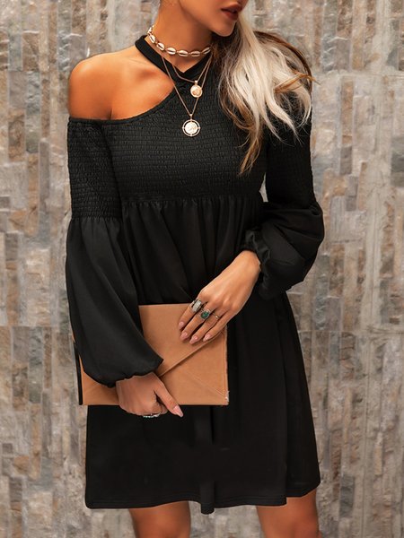 

Maniche Lunghe Vintage Scollato Solido Abito, Nero, Mini Dresses