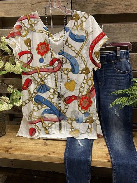 

Cotton-Blend Floral V Neck Short Sleeve Shirts & Tops, White, Printed T-shirts