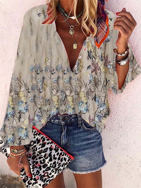 

Casual Floral-Print V neck Shirts & Tops, Khaki, Blouses & Shirts