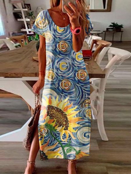 

JFN Round Neck Sunflower Floral Beach Vacation Midi Dresses, Blue, Floral Dresses