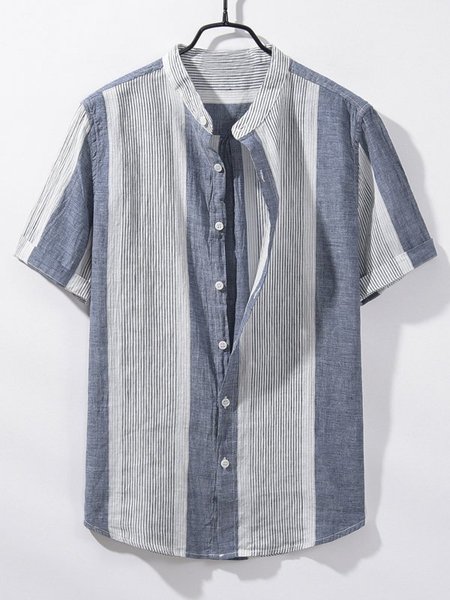 

Men's Strip Patchwork National Style Short Sleeve Casual Loose Shirt, Navy blue, Short Sleeves Shirts
