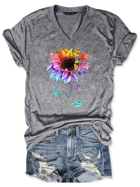 

Be Kind Colorful Sunflower Autism Puzzle Piece T-shirt Gift, Gray, T-shirts