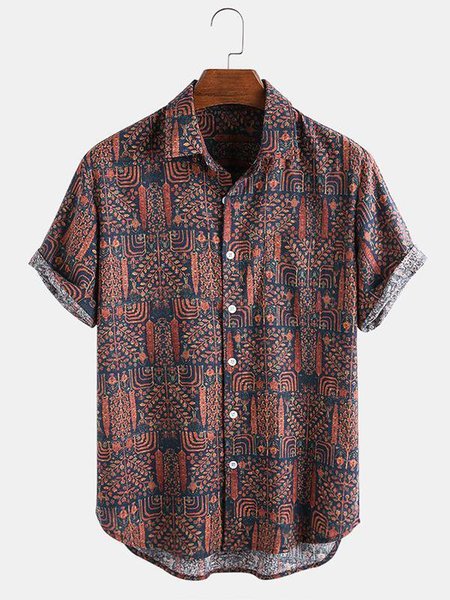 

Men's Printed Patchwork National Style Short Sleeve Casual Loose Shirt, Wine red, Men's Floral shirt