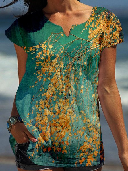 

Short Sleeve Casual V Neck Shift Shirts & Tops, Green, Printed T-shirts