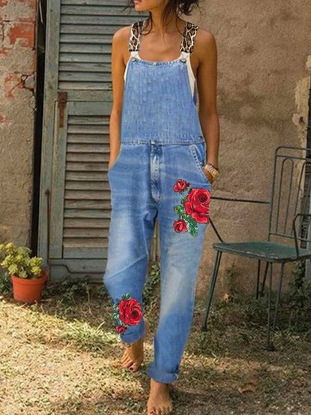 

Vintage Floreale Denim Pezzi Interi, Blu, Jumpsuits